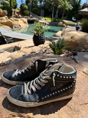 Authentic Golden Goose Black and Cream Slide silver studded High-Top Sneaker